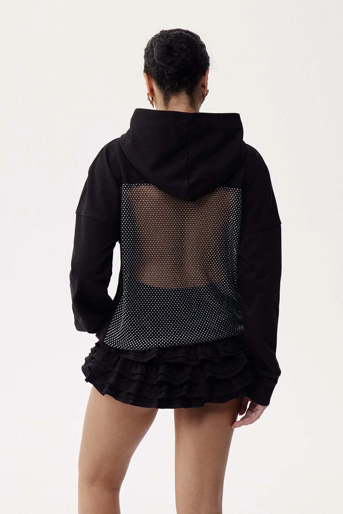Black Rhinestone Hoodie with Back Net Sparkle| Maison Feraia