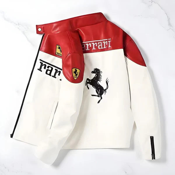 White & Red Ferrari® Leather Jacket | Feraia Luxe Edition