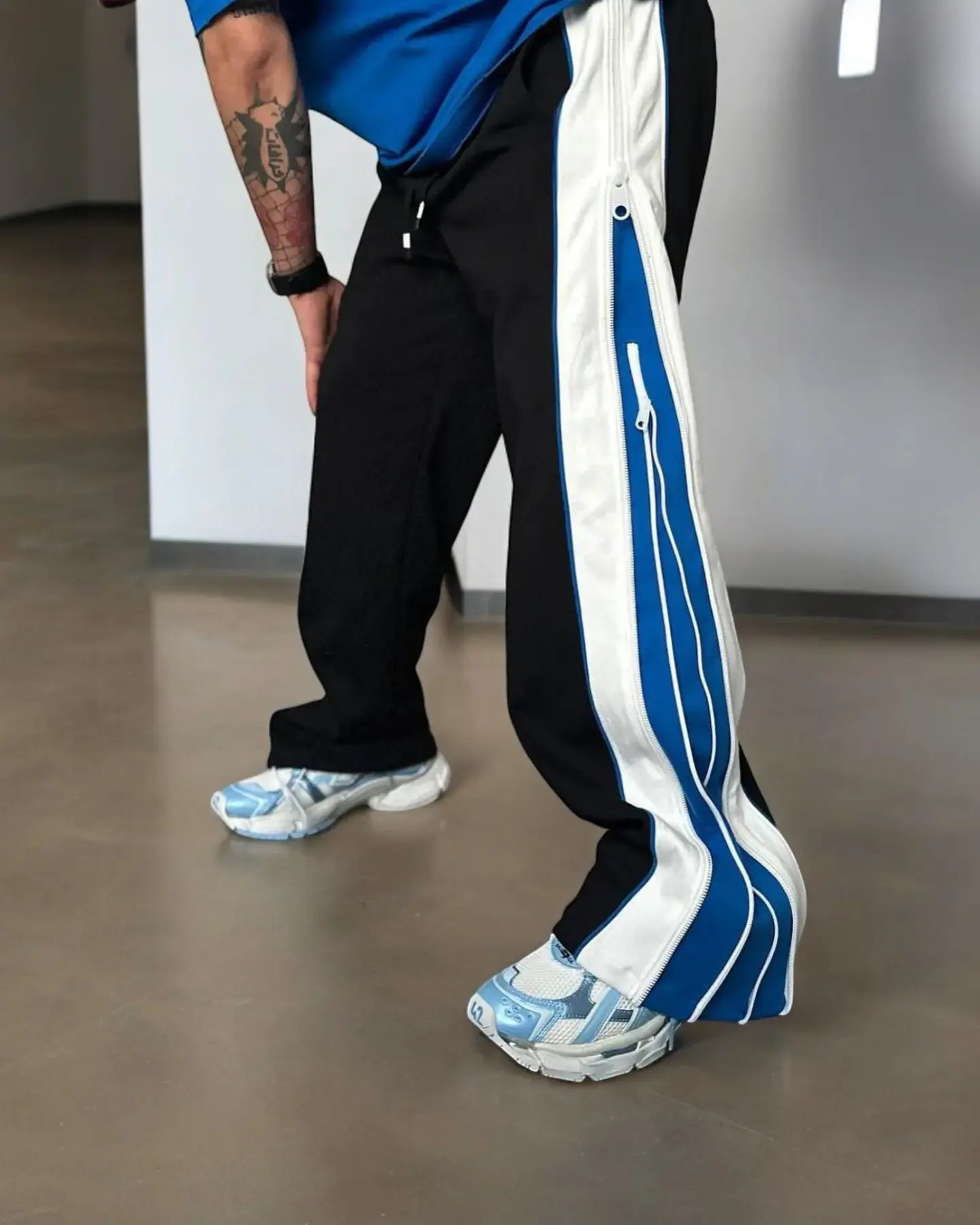 Double Zip Blue Wide Leg Zip Up Baggy Pants | Maison Feraia