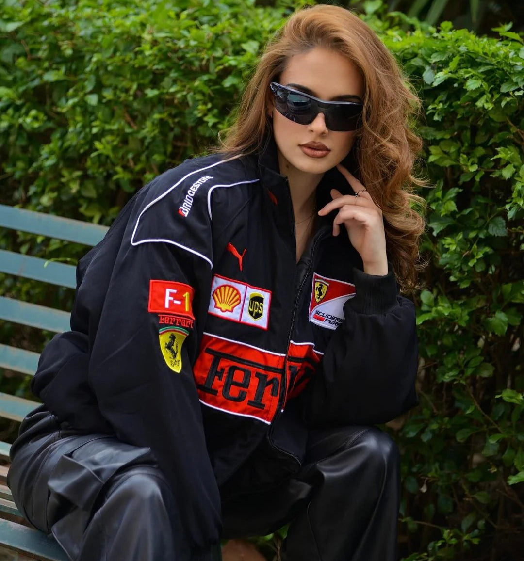 Black Ferrari Scuderia Race F1 Jacket | Maison Feraia F1 Edition