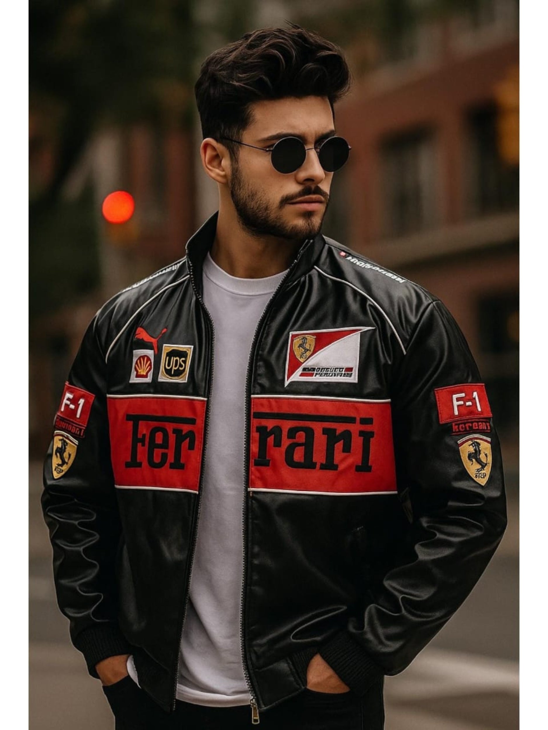 Black & Red Ferrari F1 Leather unisex jacket | Maison Feraia