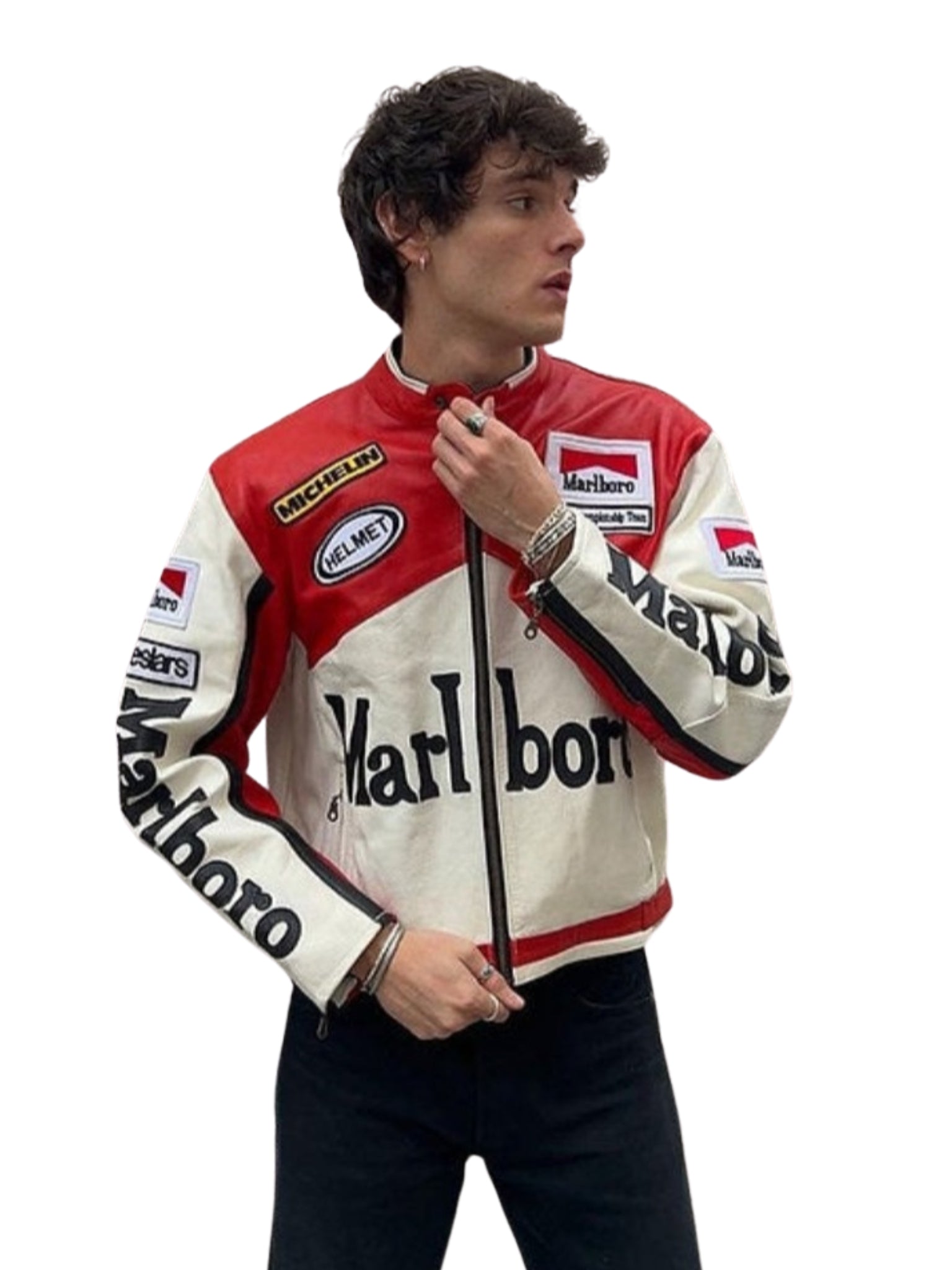 Marlboro Vintage White Racing Leather Effect Racing Jacket | Maison Feraia F1 Edition