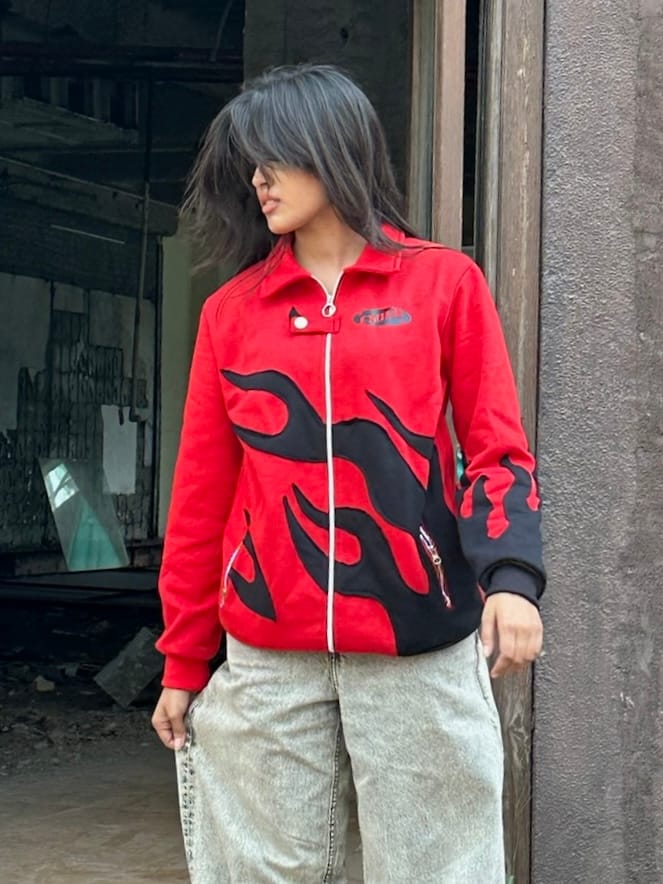 Red Flame Patch Jacket | Bold Motorsport-Inspired Streetwear | Maison Feraia