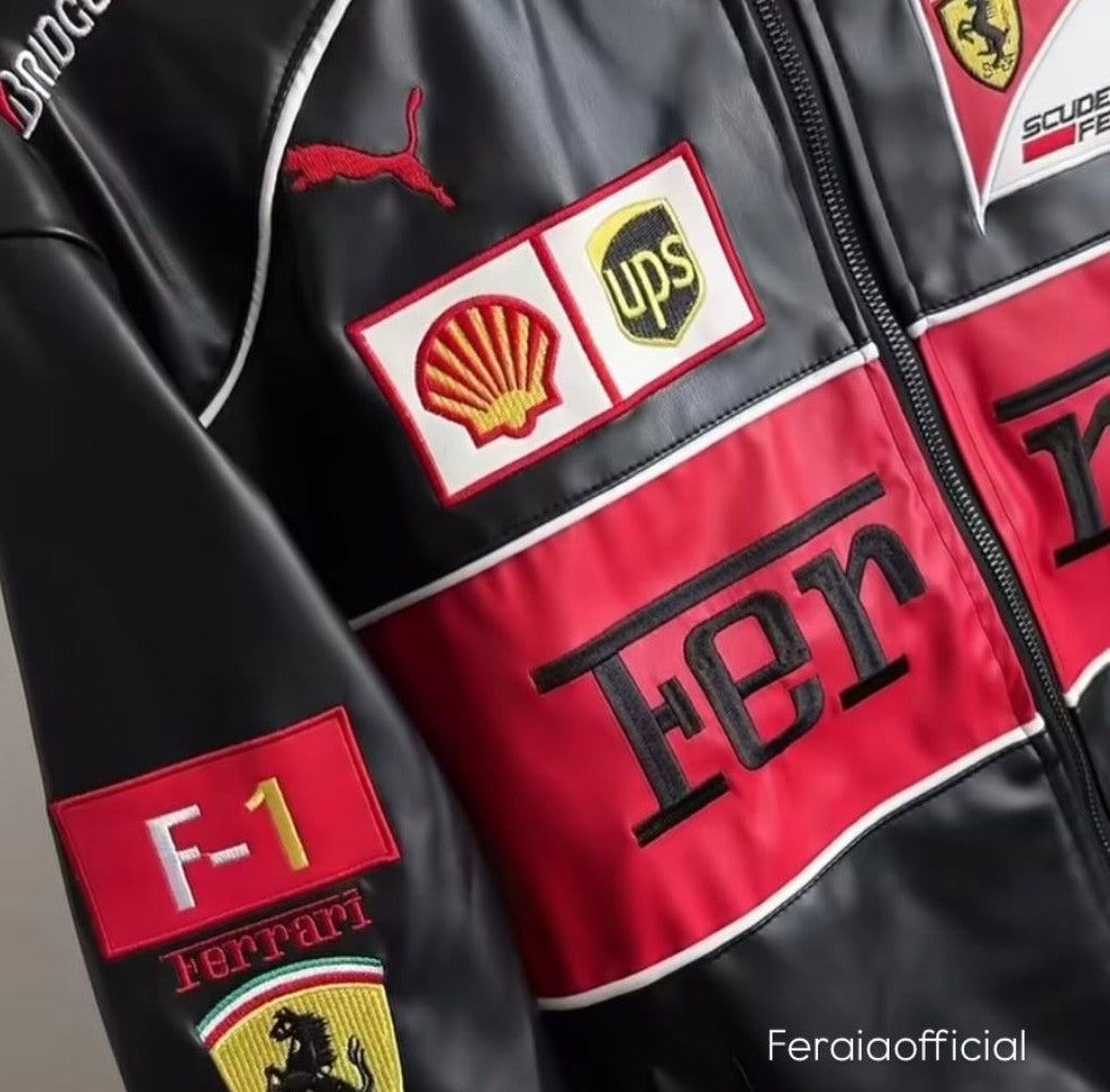 Black & Red Ferrari F1 Leather unisex jacket | Maison Feraia