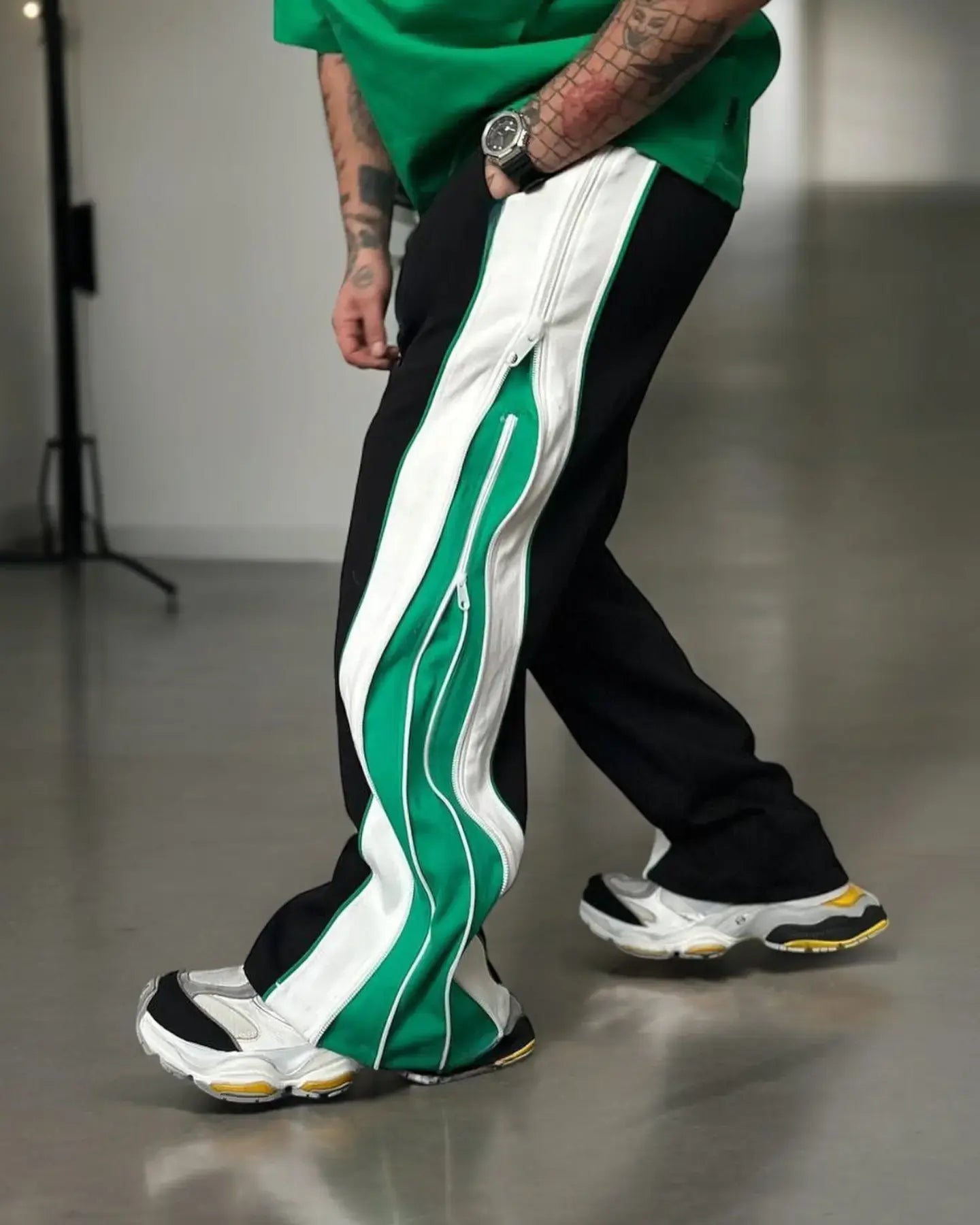 Green Straight Fit Baggy Pants 3 Way Zip Up Joggers | Maison Feraia