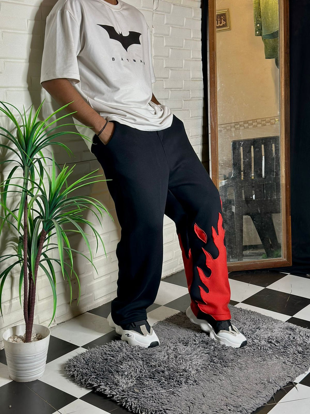 Fire Bottom Streetwear Pants – Flame Hem Design| Maison Feraia