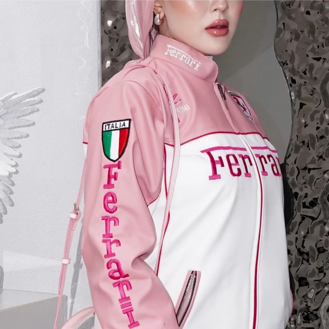 Ferrari Pink Vintage White Racing Leather Effect Jacket | Maison Feraia F1 Edition