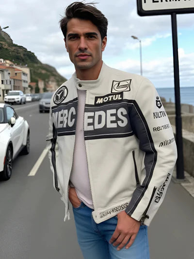 White Mercedes Leather Jacket | Maison Feraia F1 Edition