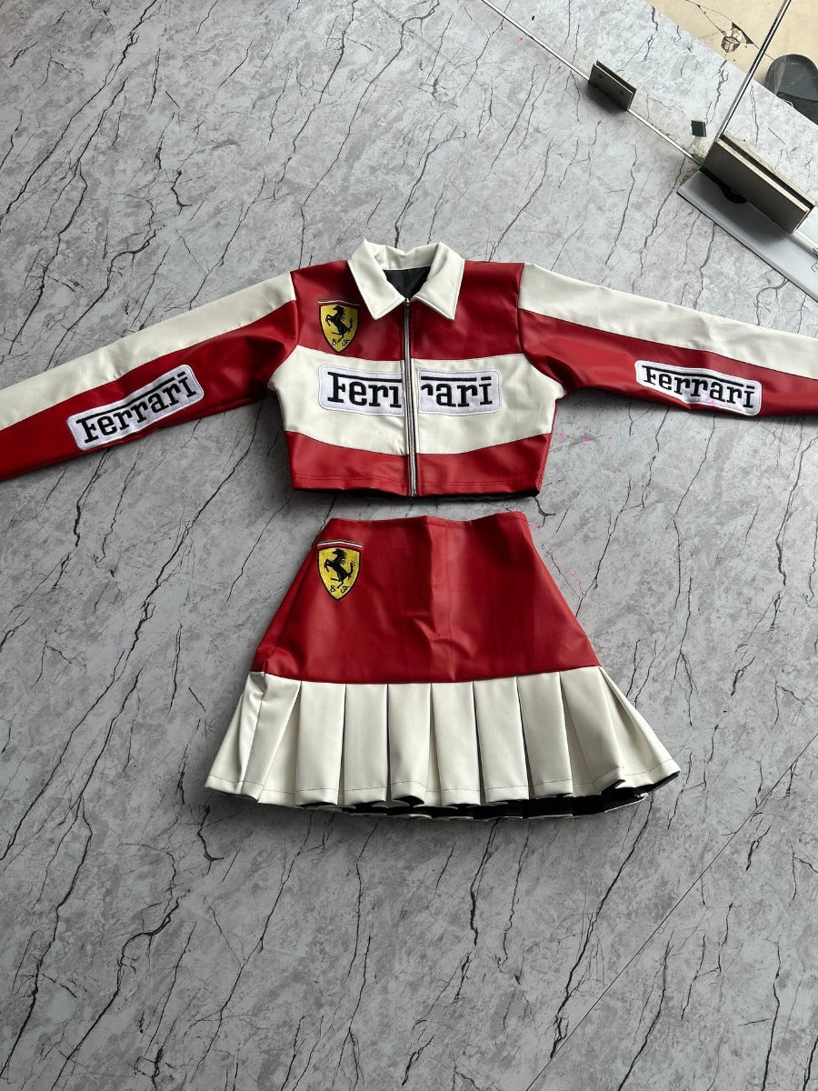 Red & White Leather Crop Jacket & Pleated Skirt Co-ord Set | Maison Feraia Luxe Edition
