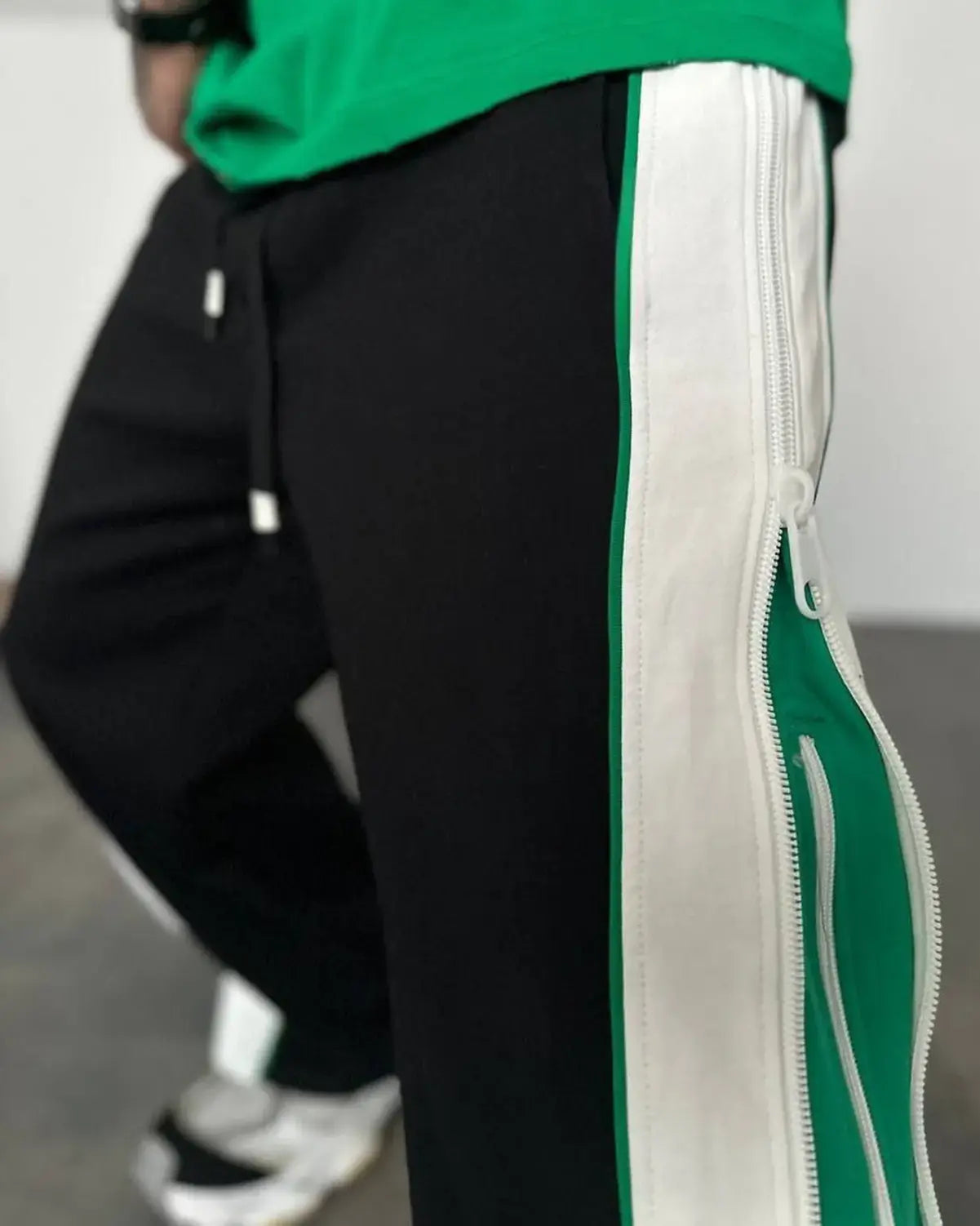 Green Straight Fit Baggy Pants 3 Way Zip Up Joggers | Maison Feraia