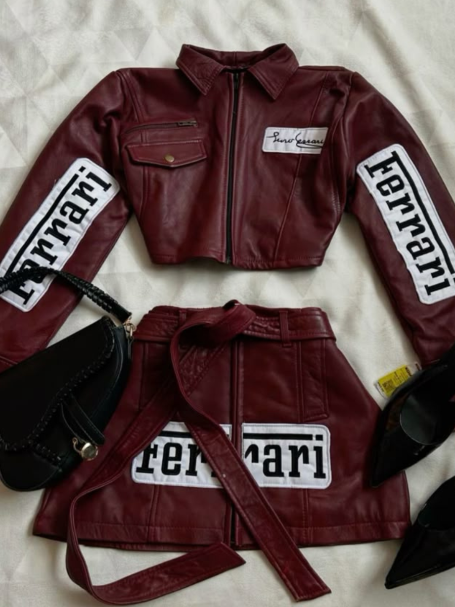 Maroon Leather Crop Jacket & Skirt Co-ord Set | Maison Feraia Luxe Edition