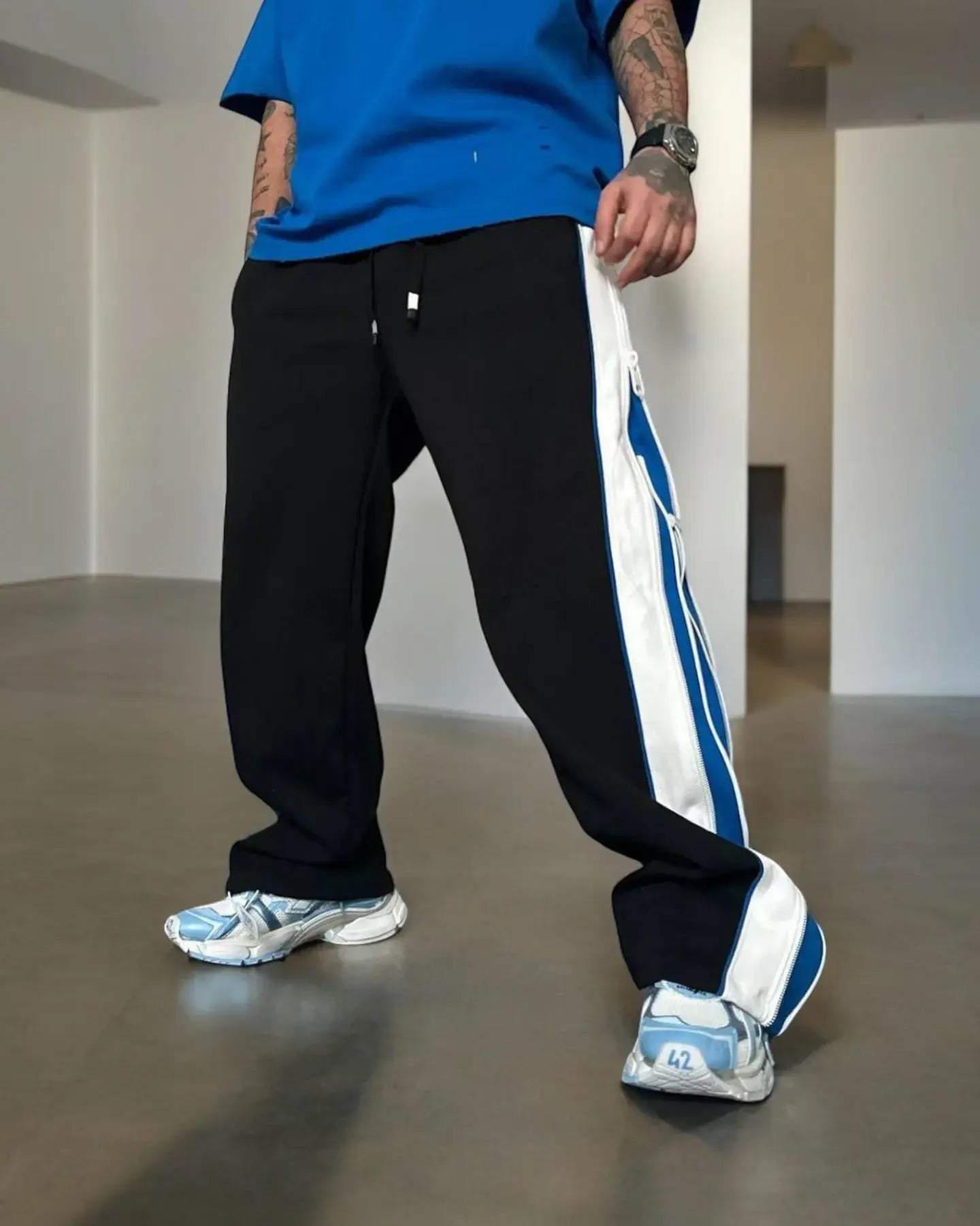 Double Zip Blue Wide Leg Zip Up Baggy Pants | Maison Feraia