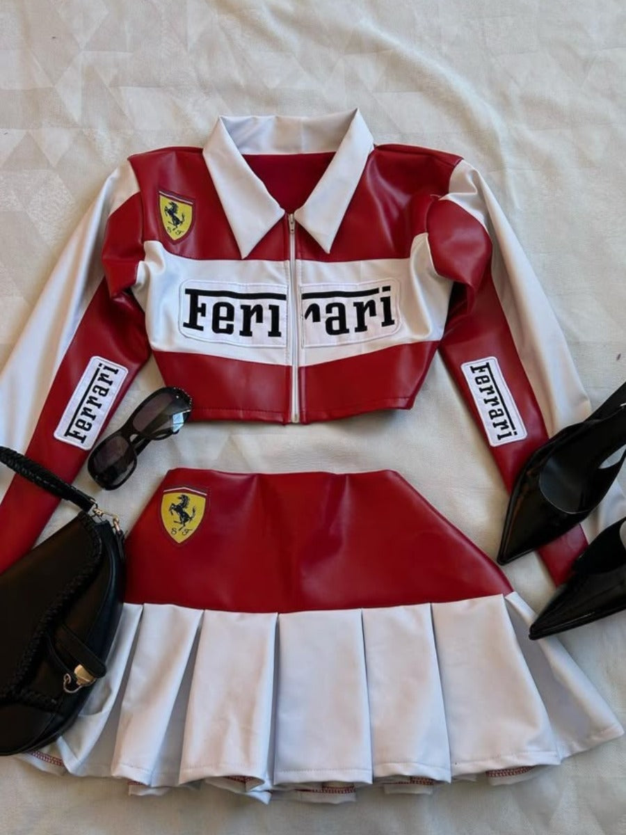 Red & White Leather Crop Jacket & Pleated Skirt Co-ord Set | Maison Feraia Luxe Edition
