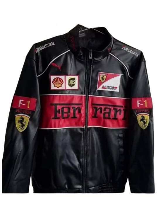 Black & Red Ferrari F1 Leather unisex jacket | Maison Feraia