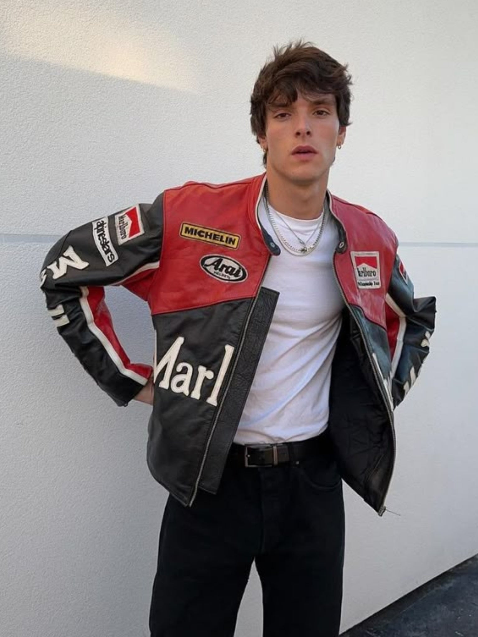 Marbolo Black Red Leather Racing Jacket | Maison Feraia F1 Edition