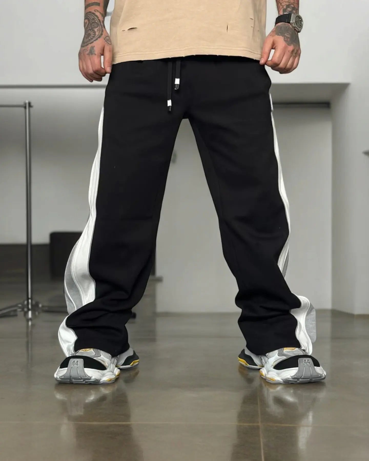 Grey Straight Fit Baggy Pants 3 Way Zip Up | Maison Feraia