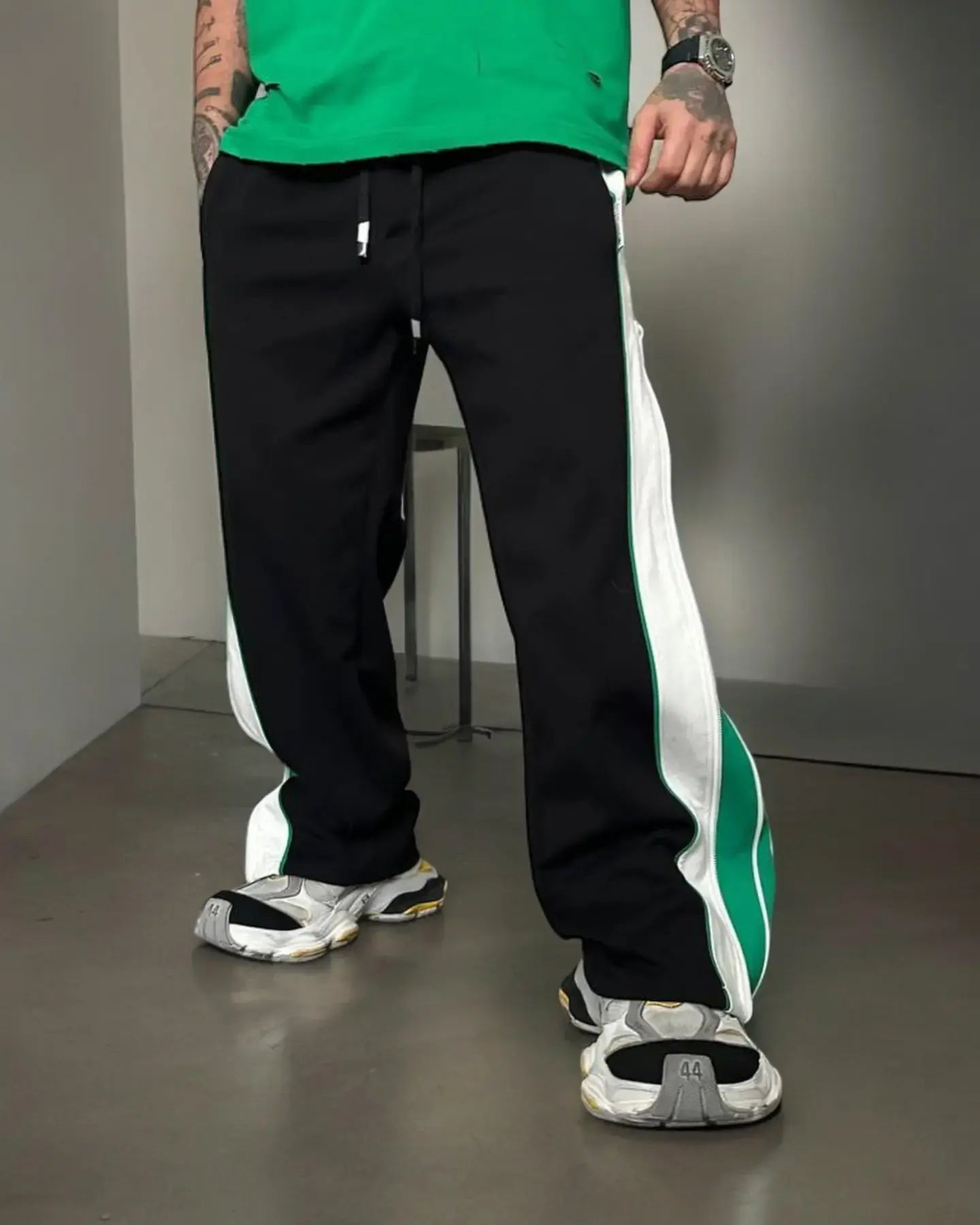 Green Straight Fit Baggy Pants 3 Way Zip Up Joggers | Maison Feraia
