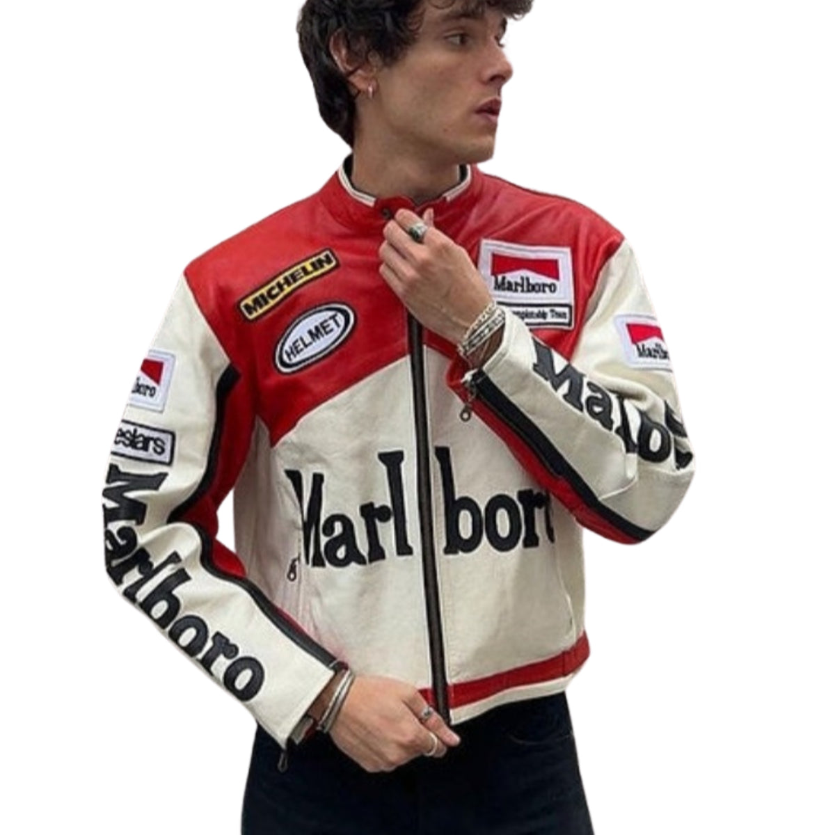 Marlboro Vintage White Racing Leather Effect Racing Jacket Maison Fe