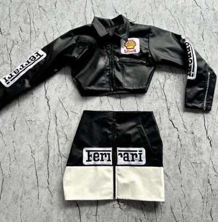 Black Ferrari Leather Crop Jacket & Skirt Coord Set | Maison Feraia Velocity Edition Edition