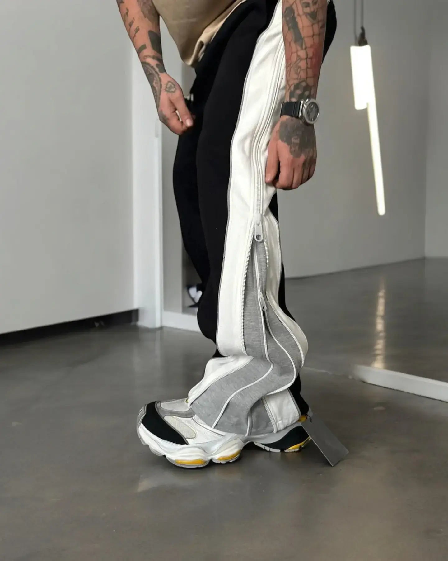 Grey Straight Fit Baggy Pants 3 Way Zip Up | Maison Feraia