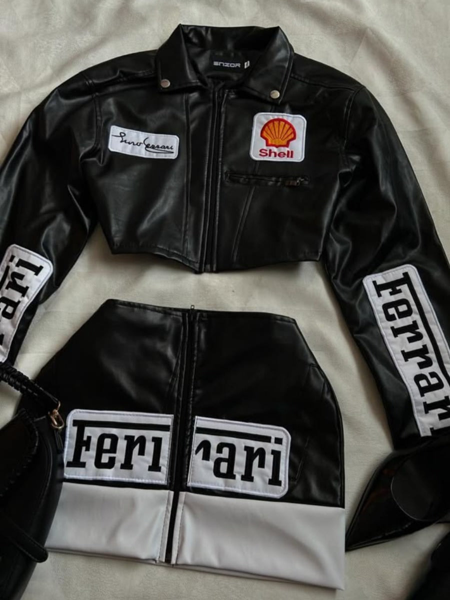 Black Ferrari Leather Crop Jacket & Skirt Coord Set | Maison Feraia Velocity Edition Edition