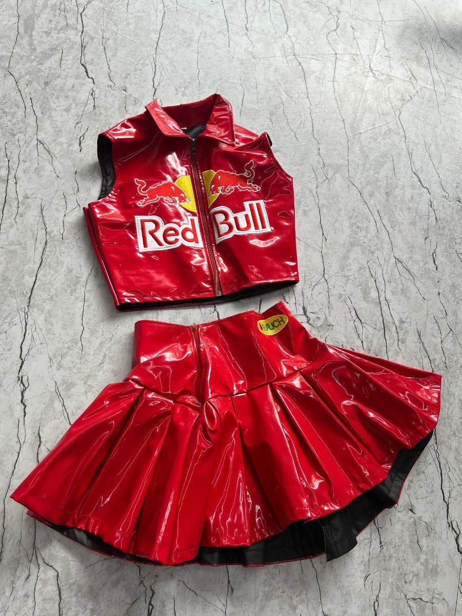 RedBull Glossy Leather Coord Set | Maison Feraia Luxe Edition