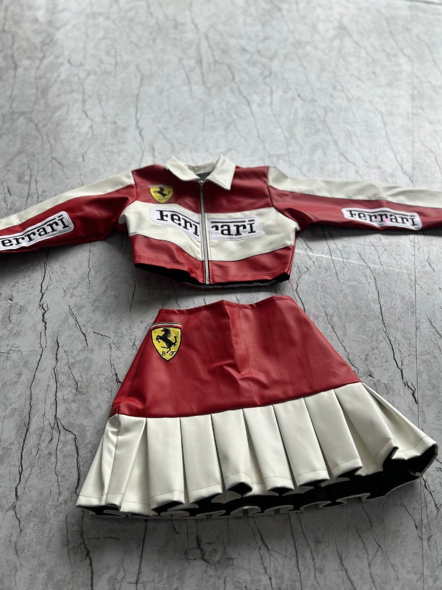 Red & White Leather Crop Jacket & Pleated Skirt Co-ord Set | Maison Feraia Luxe Edition