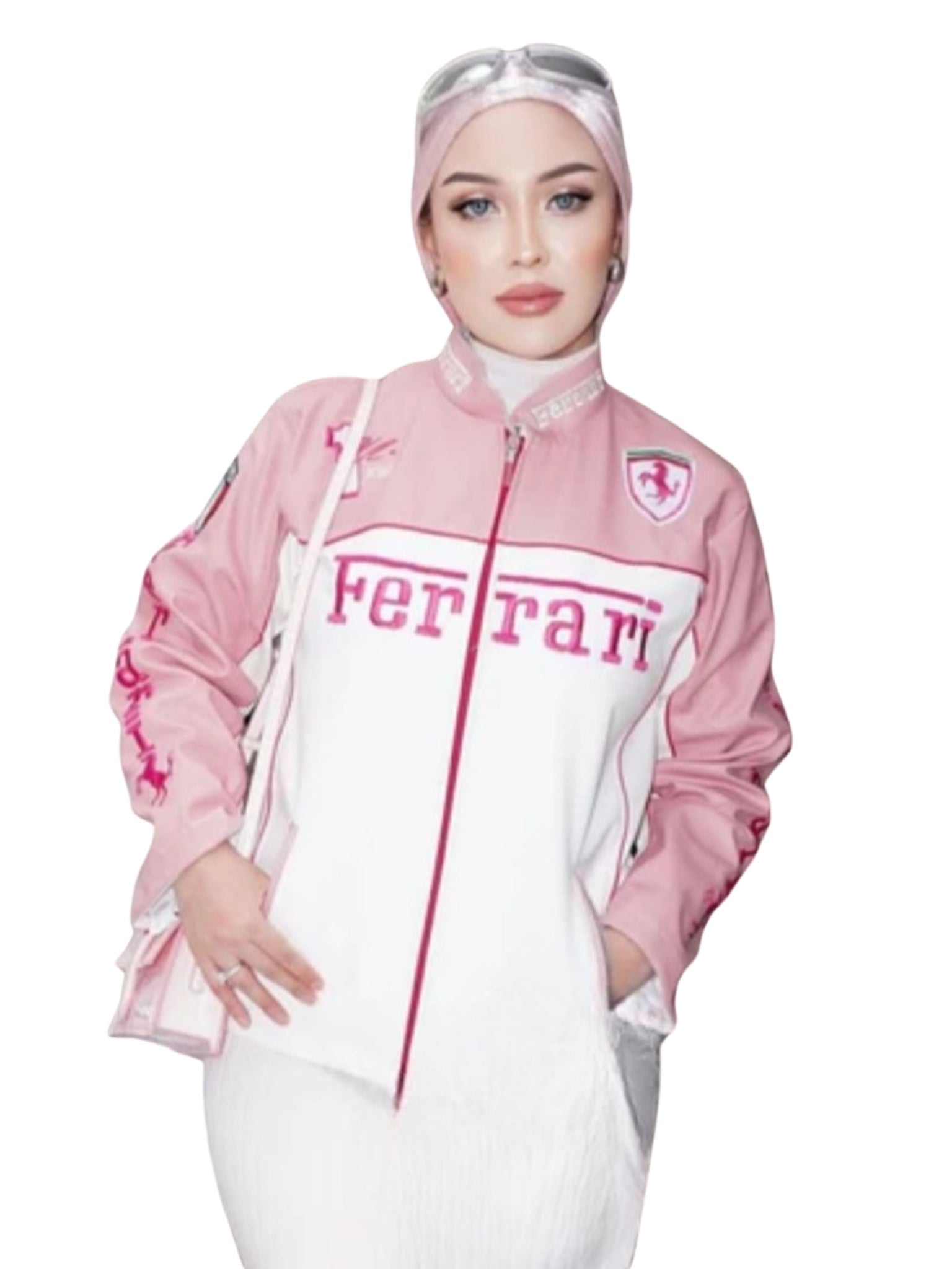 Ferrari Pink  Vintage White Racing Leather Effect Jacket | Maison Feraia F1 Edition